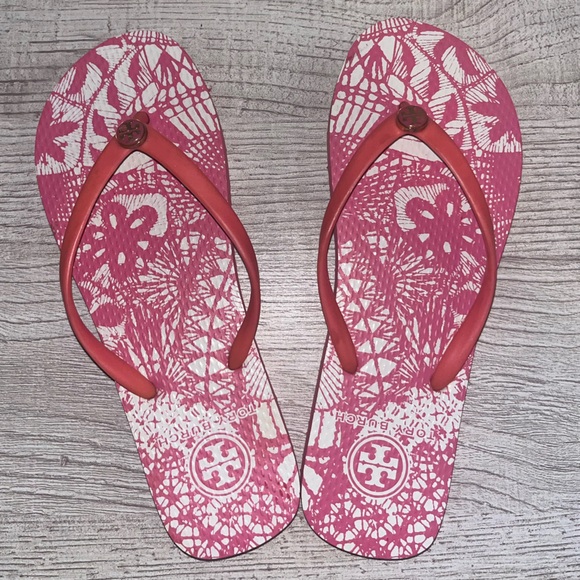 TORY BURCH Flip Flops Thong Sandals PVC Pink White Garden / Leaf Preppy 6.5/7 - Picture 5 of 6